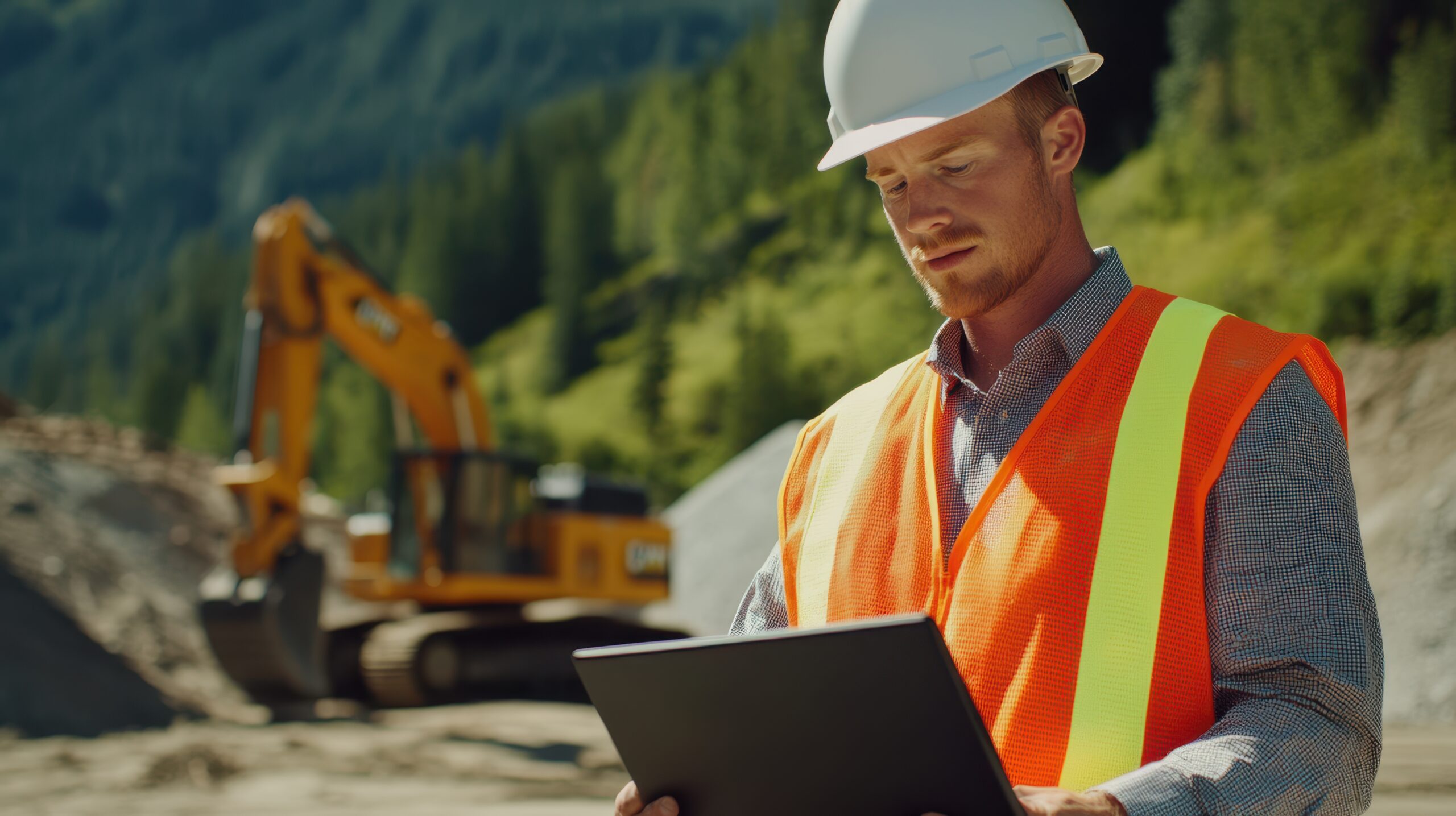Construction worker wearing a hard hat and high-visibility vest using a tablet at an outdoor worksite.