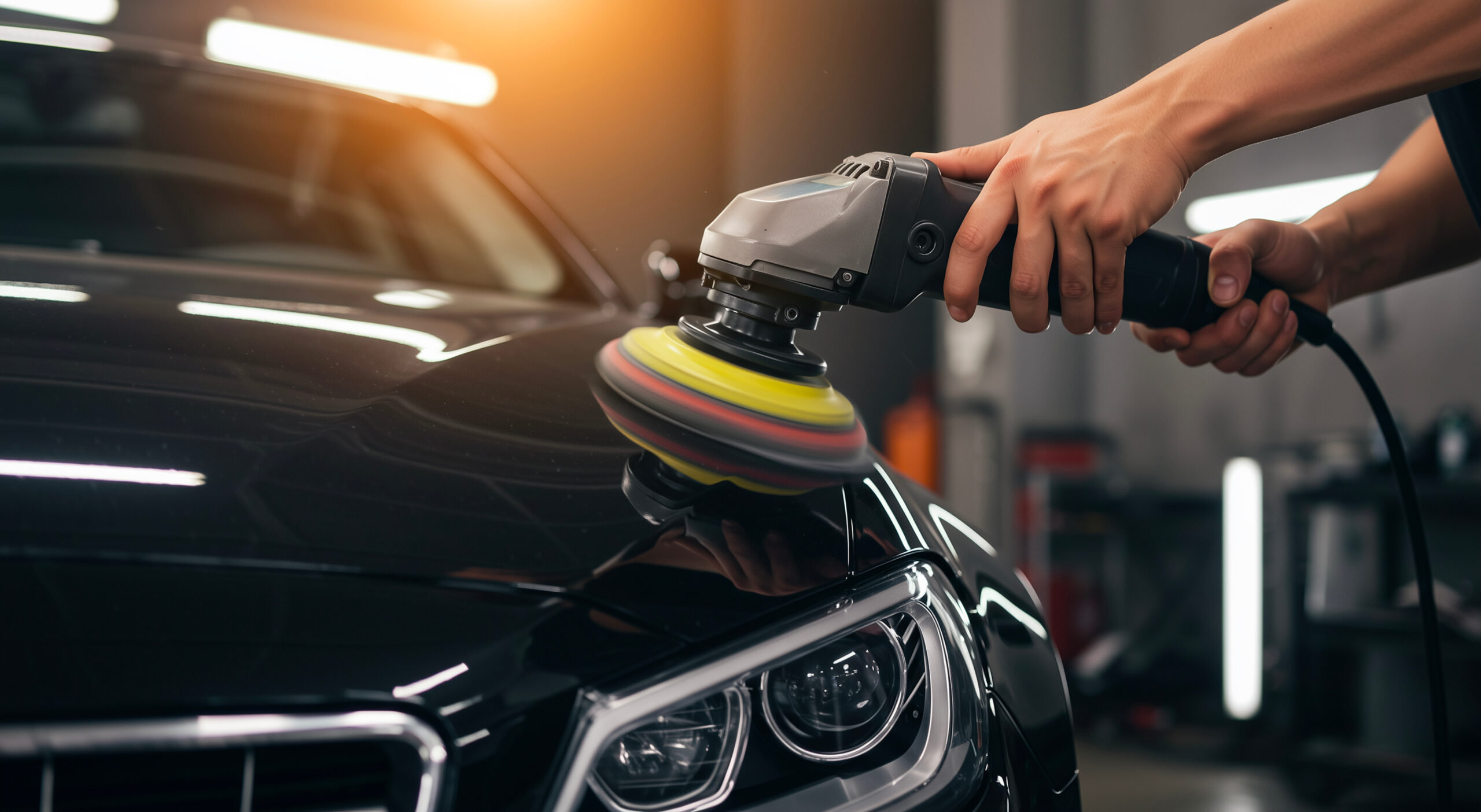 A person uses a rotary polisher to buff the front bonnet of a black car in an auto detailing workshop.