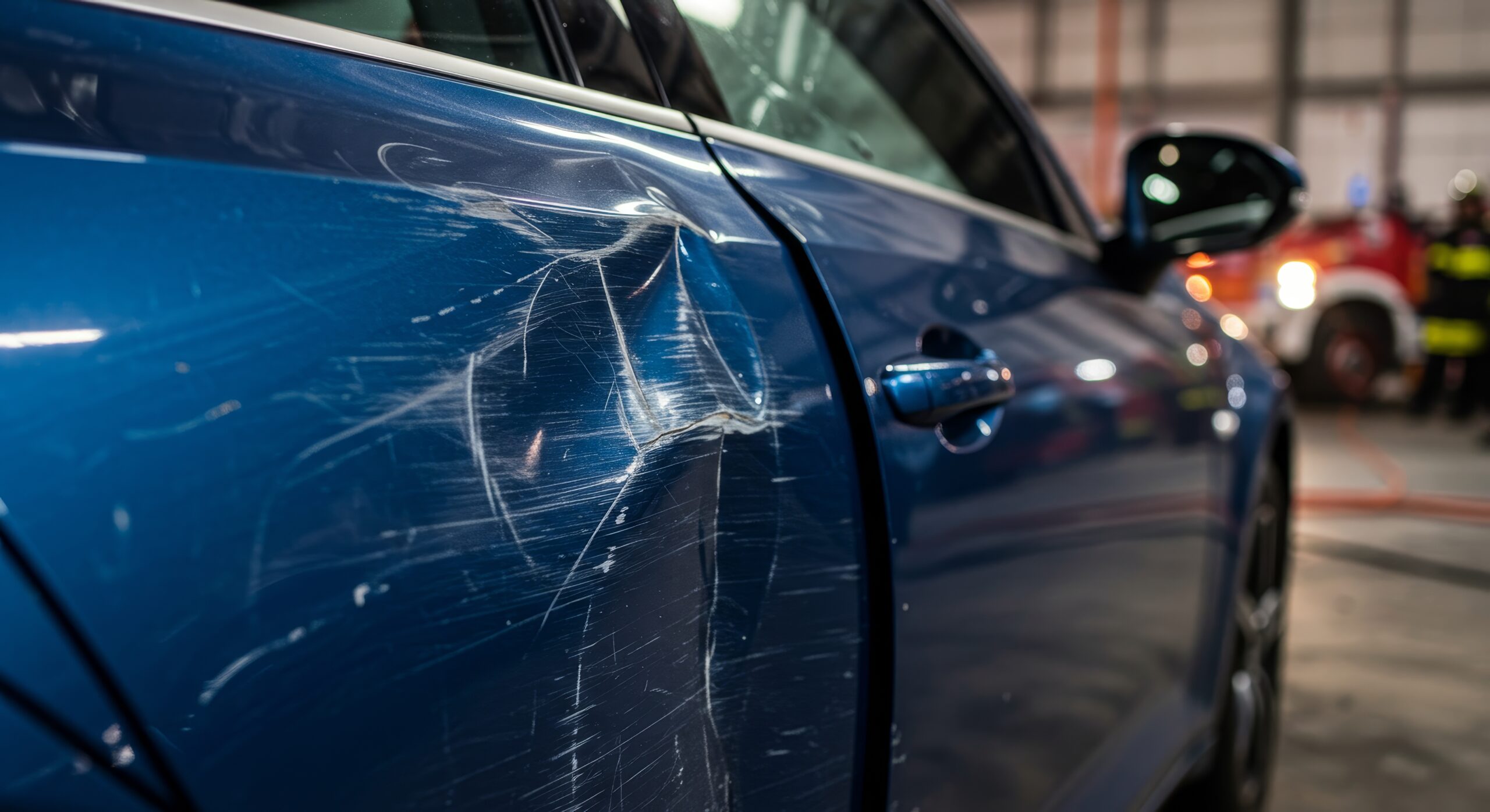 Car door with a large dent and deep scrape marks after a side collision in an automotive repair workshop.