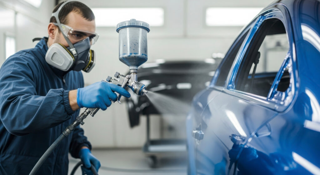 A technician wearing protective gear spray paints the side of a blue car in an automotive paint booth.