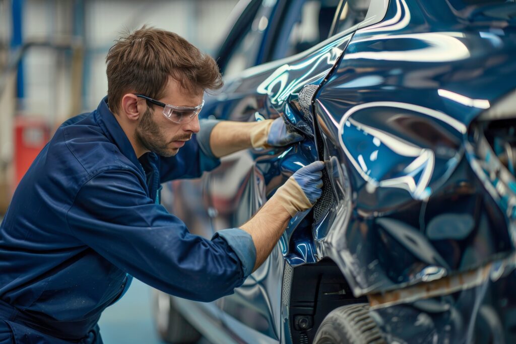 Technician applying paint protection film to the side panel of a blue vehicle.
